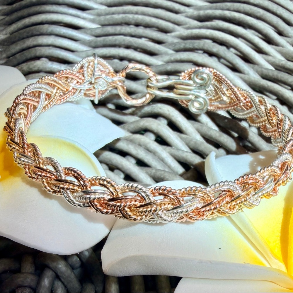 Fancy Knotted Tri-Lace Silver, Gold & Rose Gold Bracelet Made in Hawaii